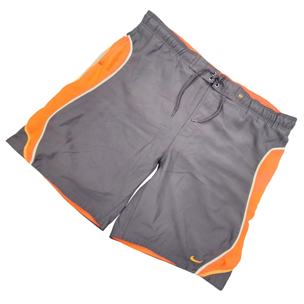 Nike Swim Trunks Mens L Grey Orange Board Shorts Mesh Liner Zipper Back Pocket‎